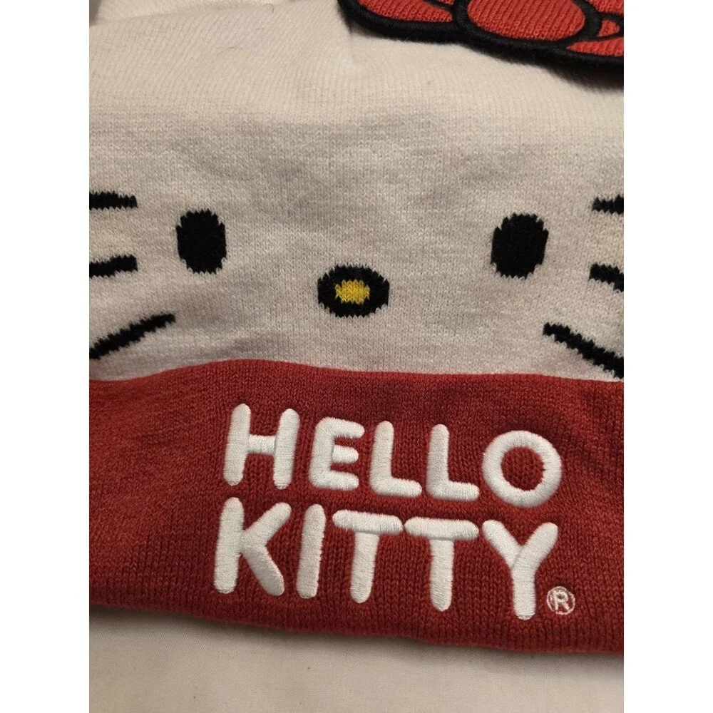 Sanrio Hello Kitty White Red Knit Beanie Hat 3D Ears Bow Youth 2021 Fall Winter